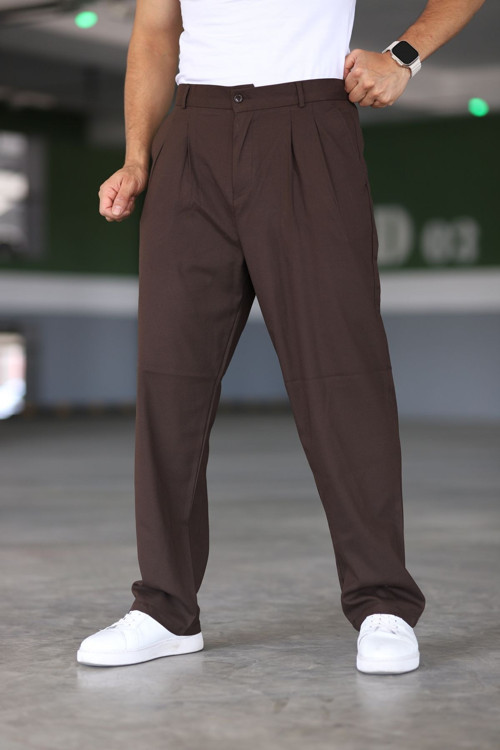 Baggy Çift Pileli KAHVERENGİ Renk Beli Lastikli Kaliteli Rahat Kesim Klasik Bol Paça Baggy Pantolon