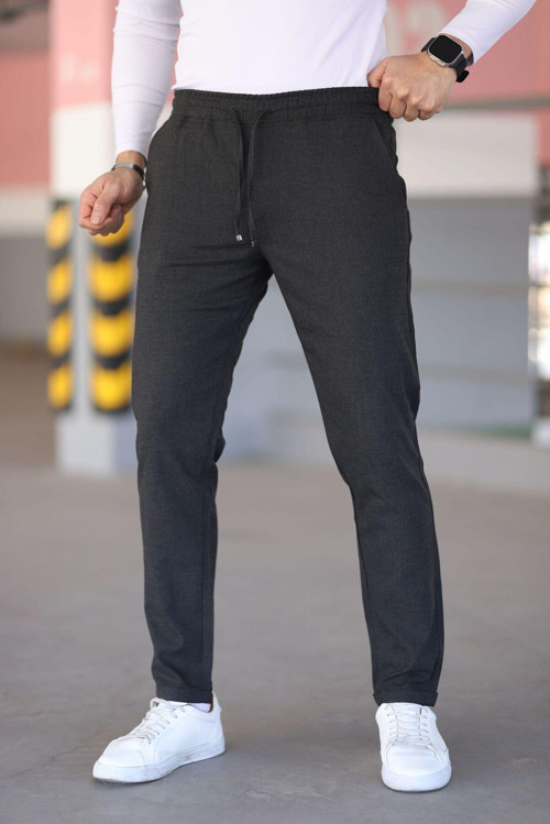 Erkek Antrasit Renk Beli Lastikli Bağcıklı Esnek Fitted Jogger Pantolon Kumaş Pantolon