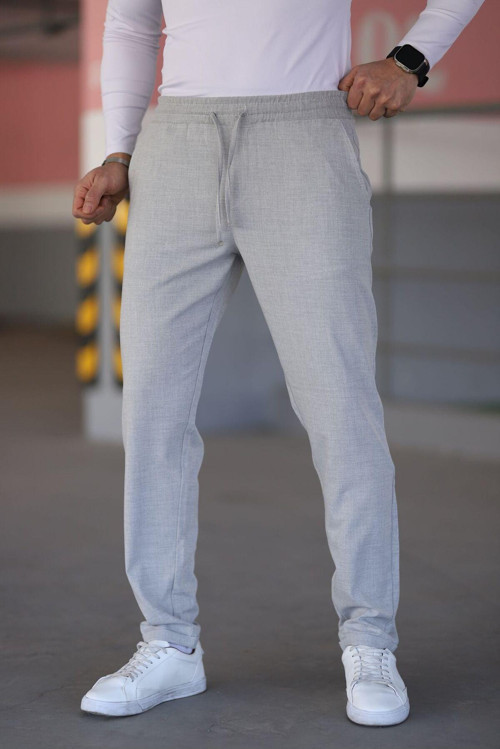 Erkek Gri Renk Beli Lastikli Bağcıklı Esnek Fitted Jogger Pantolon Kumaş Pantolon