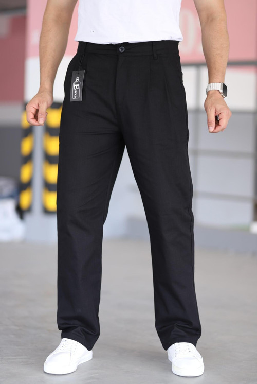 Çift Pileli Siyah Renk Beli Yarım Lastikli Kaliteli Rahat Kesim Keten Baggy Pantolon