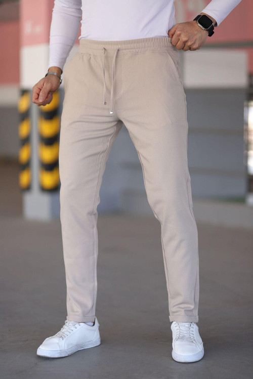 Erkek Krem Renk Beli Lastikli Bağcıklı Esnek Fitted Jogger Pantolon Kumaş Pantolon