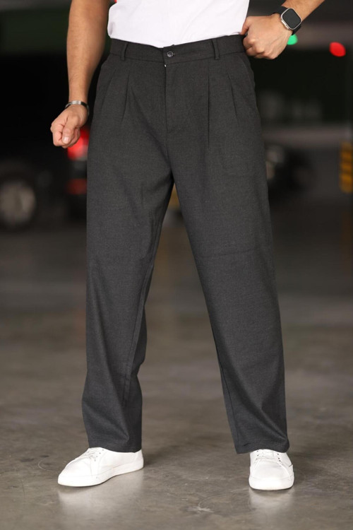 Baggy Çift Pileli ANTRASİT Renk Beli Lastikli Kaliteli Rahat Kesim Klasik Bol Paça Baggy Pantolon
