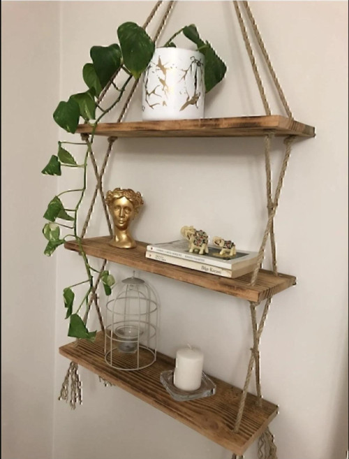 Ahşap Dekoratif Tasarım 3'lü Halatlı Raf Hazır Kurulu (39CM*9CM)