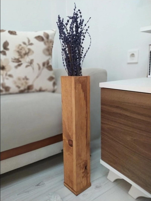 El İşçiliği Ahşap Vazo – Pampas Yapay Çiçek Vazosu (50 cm)