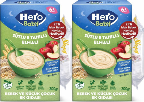 Kaşık Maması 200GR Gece Sütlü Elmalı 8 Tahıllı + Islak Mendil Hediye (2 Li Set)