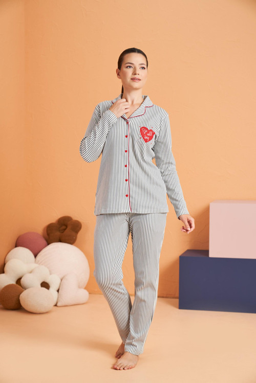 Pjs Kadın Önden Düğmeli Gömlek Yaka Çizgili Uzun Kollu Pijama Takım