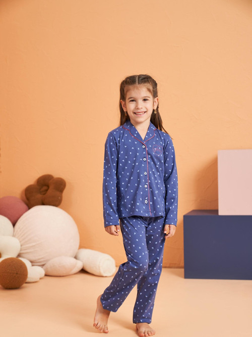 Pjs Kız Çocuk Kalpli Önden Düğmeli Gömlek Yaka Uzun Kollu Pijama Takım