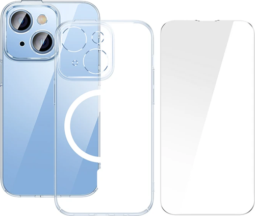 Baseus Crystal iPhone 14 6.1 Magsafe Silikon Kılıf + Tempered Ekran Koruyucu Set-(5775)