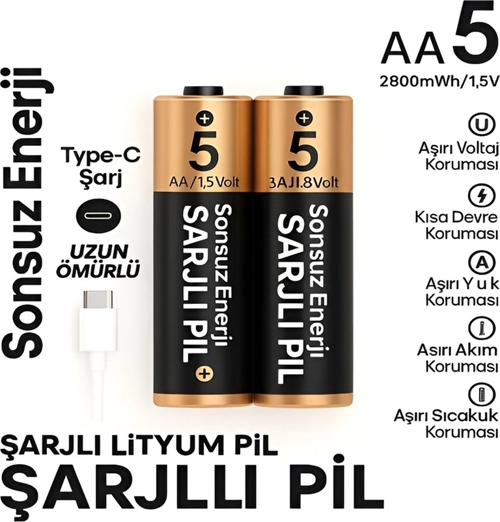 Type-C Şarjlı 2800Mwh 1.5V Şarj Edilebilir 2’Li Aa5 Kalın Pil - Lityum Iyon Batarya