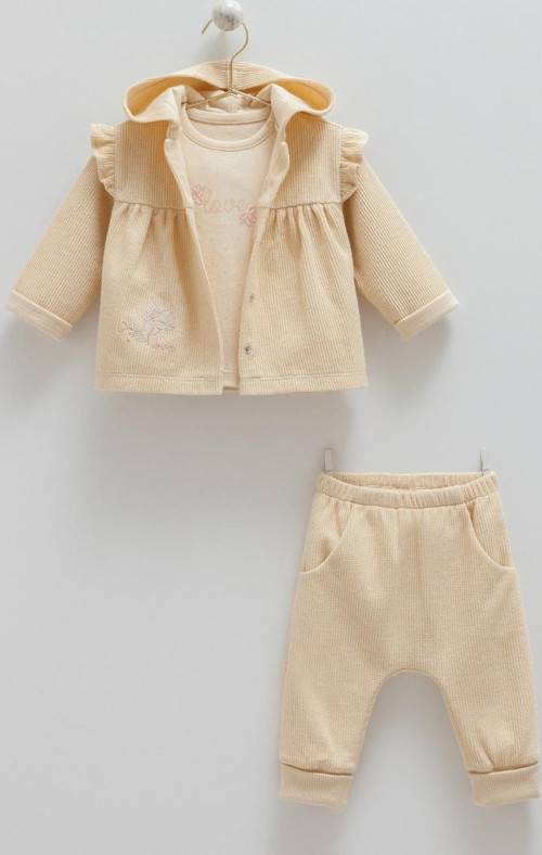 SOFT STYLE KAPÜŞONLU TRİKO ÜÇLÜ TAKIM - TKK2102 - Bej - 12 - 18 Ay Bej