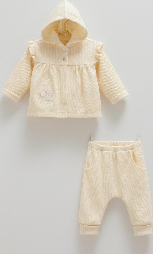 SOFT STYLE KAPÜŞONLU TRİKO ÜÇLÜ TAKIM - TKK2102 - Ekru - 9 - 12 Ay Ekru