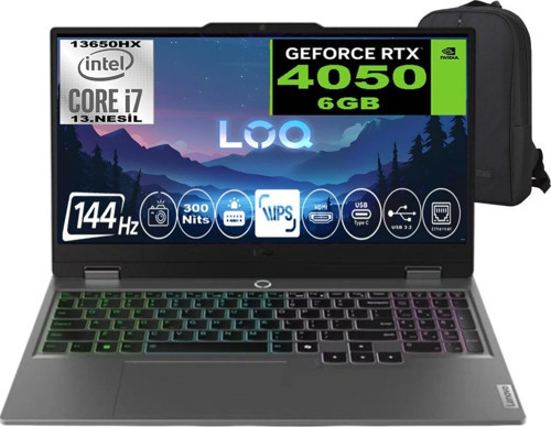 Loq Intel Core I7 13650HX 32GB Ram 2tb SSD RTX4050 105W IPS 300NIT 144Hz Windows 11 15.6" Taşınabilir Bilgisayar & Cimet