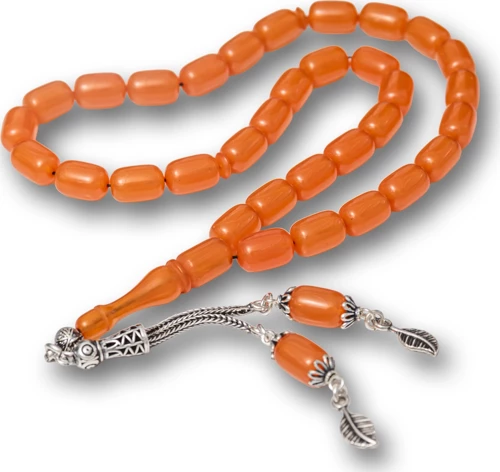 Gümüş Püsküllü Turuncu Kapsül Kesim Sıkma Kehribar Tesbih