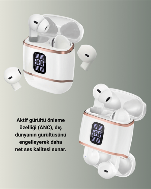 Bluetooth 5.3 Kulaklık – Kulakiçi, ANC+ENC, 4 Adet Set, Dijital Göstergeli