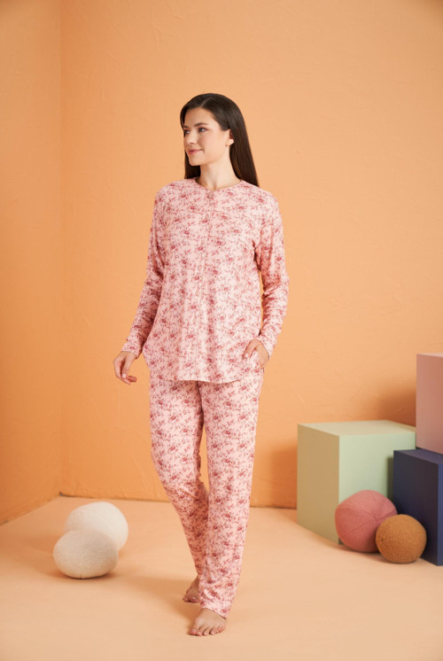 Pjs Kadın Düğmeli Yaka Çiçek Desenli Uzun Kollu Pijama Takım