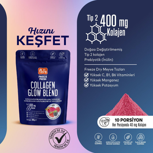 Pol's Freeze Fresh Glow Blend 100 g, Dondurularak Kurutulmuş Meyve Tozu, Kolajen, İnülin, Yüksek Lif, Manganez