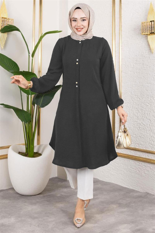 Düğme Detaylı Aerobin Tunik ANTRASİT - ANTRASİT - 46