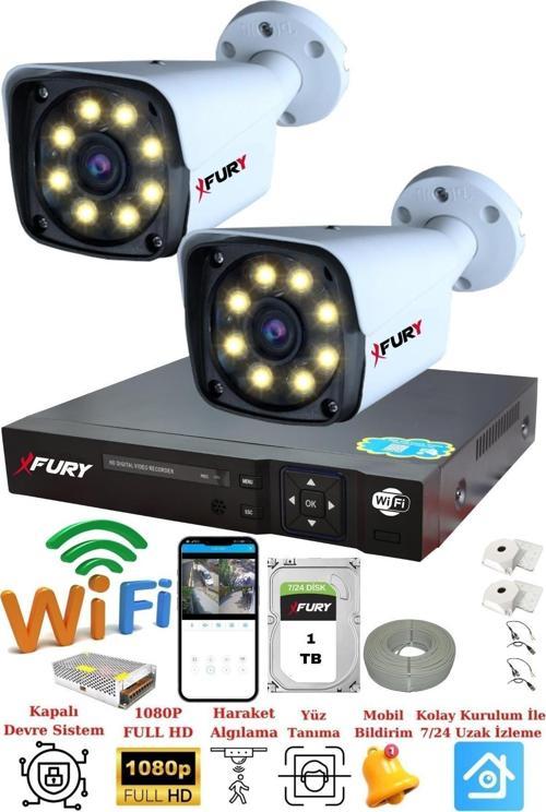 2 Kameralı 5mp Lensli 1080p 2mp Color Görüntü 8 Warm Led Gece Görüşlü FullHd Güvenlik Kamera Sistemi 1TB
