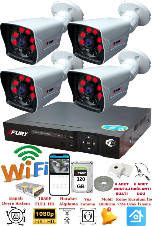 4 Kameralı 5mp Lensli 1080P 2mp Görüntü 6 Atom Gece Görüşlü FullHd Güvenlik Kamerası 5525A 320GB