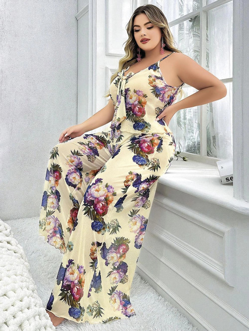 MDB MdbShop Özel Tasarım Büyük Beden Çiçek Desenli İnce Askılı 2li Pijama Takımı