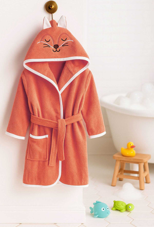 Kapşonlu Unisex %100 Pamuklu Çocuk Banyo Bornozu Fox