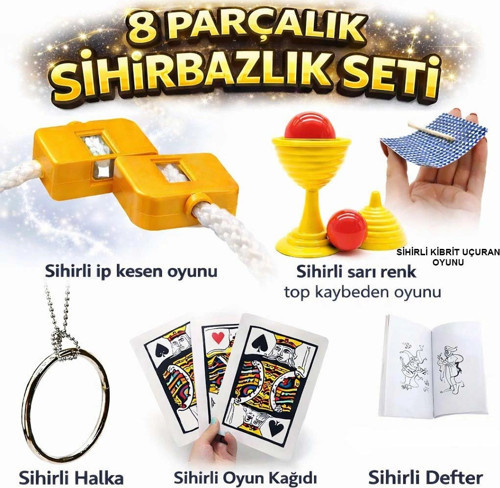 8’li Sihirbazlık Seti (Kibrit, Defter, Halka, Kupa, İp, 3’lü Kart)