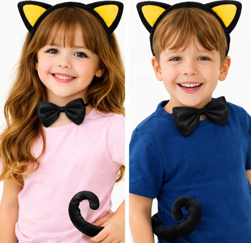 Sarı Kulaklı Kedi Kostüm Seti – Taç Papyon Kuyruk 3 Parça