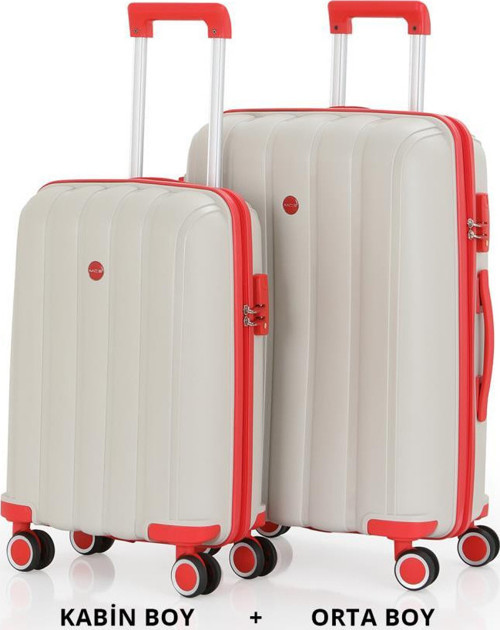 Bavul Orta ve Kabin 2li Set Kırılmaz Silikon Valiz V305 Kemik/Mercan