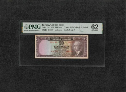 Sertifikalı Pmg 62 Unc Çil Inönü Batan Gemi 50 Elli Kuruş P 133 1930 S/n B3 450230 / 2. Ems