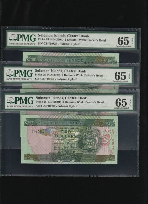 3 Adet Solomon İslands Adaları 2 Dollars SERİ TAKİPLİ Polymer Hybrid PMG 65 EPQ GEM UNC ÇİL P25 ND