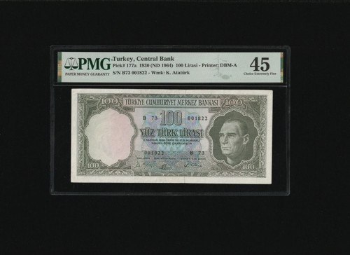 PMG 45 100 TL Yüz Türk Lirası 1964 P 177a *** S/N B73 001822 *** ÇÇT