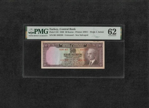 PMG 62 UNC ÇİL İnönü Batan Gemi 50 Kuruş P 133 1930 S/N B3 450227 2. EMS