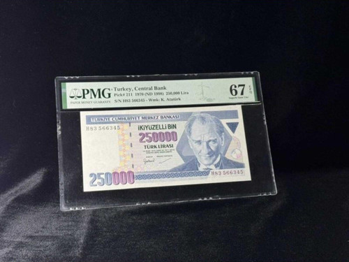 Türk Lirası PMG 67 EPQ SUPERB GEM UNC 250.000 Lira P 211 1970 (ND 1998) S/N H83 7. Emisyon 3. Terti