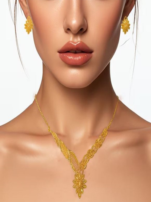 24K Altın Kaplama Çiçekli Etnik Kolye ve Küpe Takı Seti