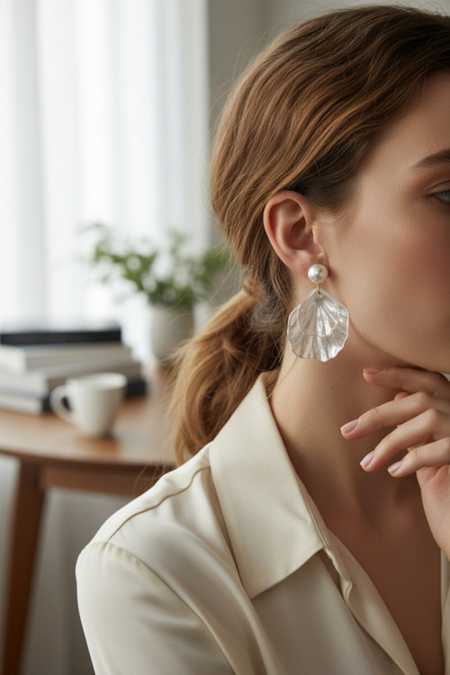 Altın Rengi İğneli Deniz Kabuklu İncili Küpe