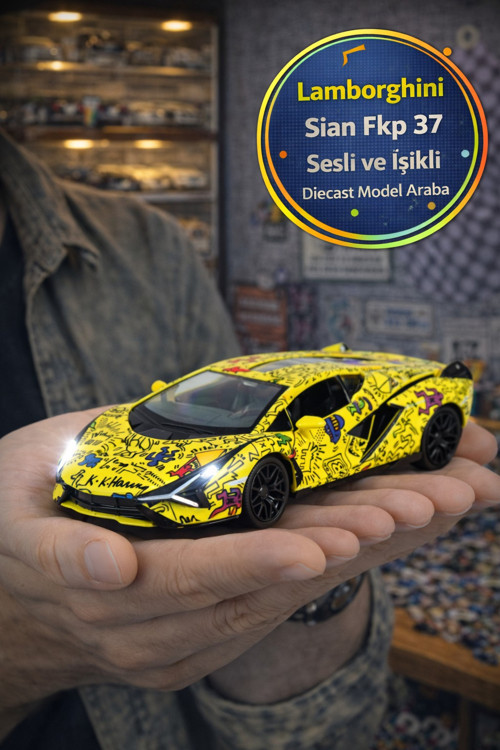 Keith Haring Serisi Sarı Lamborghini Sian FKP 37 Sesli Işıklı Açılır Kapı Metal Model Araba 1:32