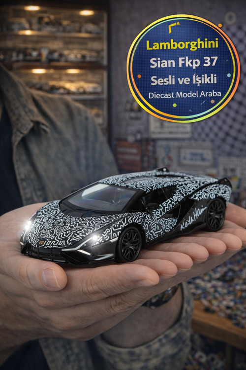 Keith Haring Serisi Siyah Lamborghini Sian FKP 37 Sesli Işıklı Açılır Kapı Metal Model Araba 1:32