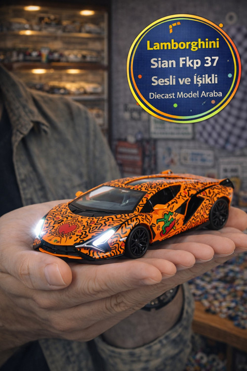 Keith Haring Serisi Turuncu Lamborghini Sian FKP 37 Sesli Işıklı Açılır Kapı Metal Model Araba 1:32