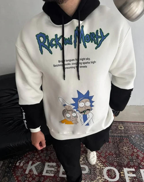 Üç İplik Kapşonlu Parçalı Baskılı SweatShirt