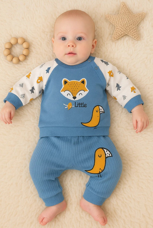 Littie Fox Nakışlı % 100 Pamuklu 2'li Erkek Takım