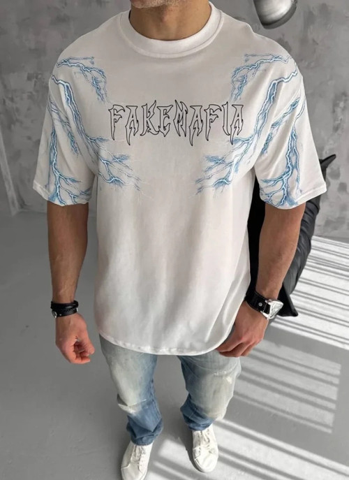 Unisex Bisiklet Yaka Baskılı Oversize TShirt