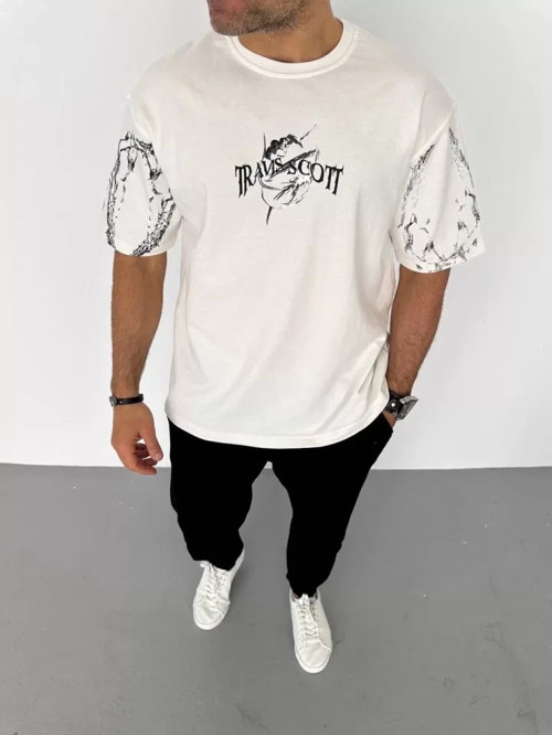 Unisex Bisiklet Yaka Baskılı Oversize TShirt