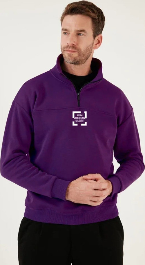 Oversize Yarım Farmuarlı Yakalı Özel Tasarım Basic SweatShirt Mor