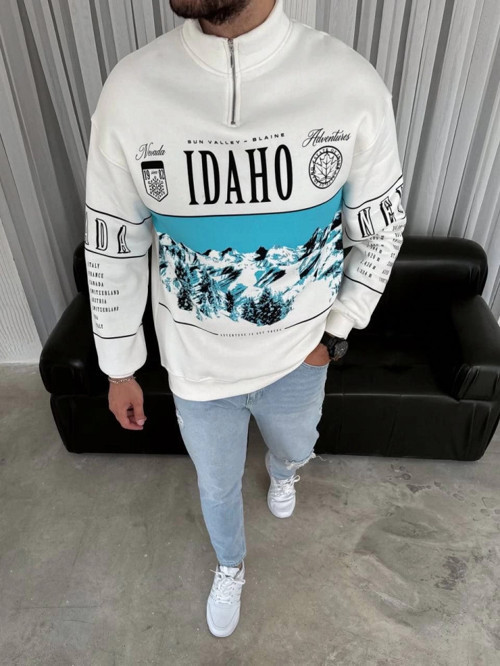 Erkek Yarım Fermuarlı Oversize Baskılı SweatShirt
