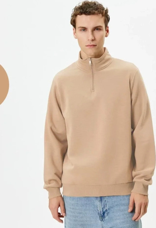 Unisex Uzun Kol Yarım Farmuarlı Yakalı Basic SweatShirt