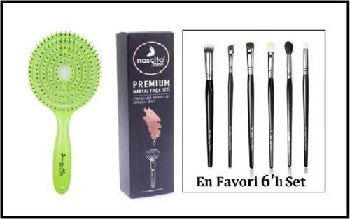 Pro11 Lollipop Açma/Tarama Fırçası Yeşil & Premıum NasBrushSet110 Makyaj Fırça Seti 6'lı