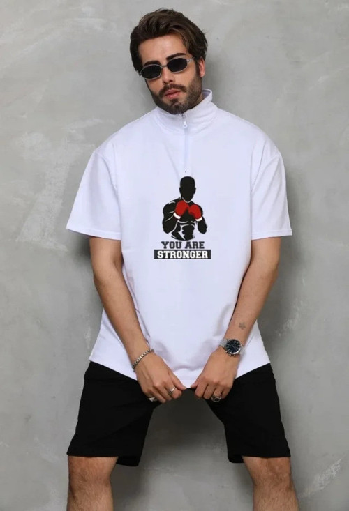 Unisex Yarım Fermuarlı Oversize Baskılı TShirt