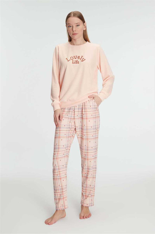 Kadın Pamuklu Kışlık Uzun Kollu Pijama Takımı Yumuşak Dokulu Ev Giyimi