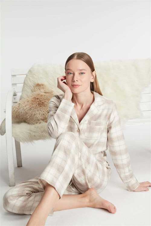 Kadın Pamuklu Uzun Kol Gömlek Pantolon Pijama Takımı