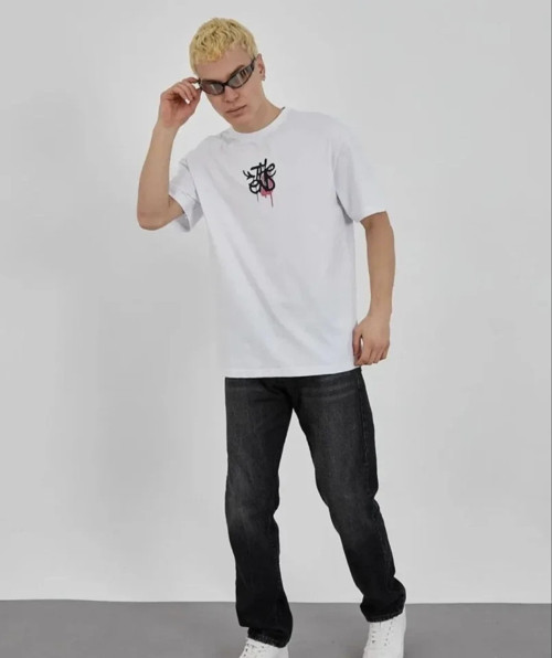 Unisex Bisiklet Yaka Baskılı Oversize TShirt